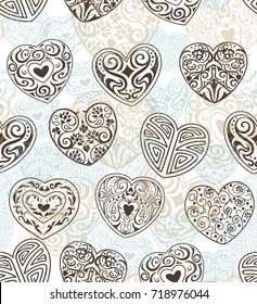 Valentine's seamless pattern with lace hearts. For packaging design, textile design, fabrics, invitation. Zentangle style. Ornate stylish texture