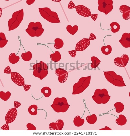 Valentine's seamless pattern with lips, candy, and cherry. Vector illustration in doodle style