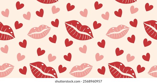 Valentine's Seamless Pattern With Lips and Love Shapes. Vector Illustration in Doodle Style