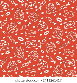 Valentines seamless pattern with outline envelopes, hearts and kisses. St Valentines day concept pattern. Vector isolated white elements on red background. Trendy print design for textile, wallpaper