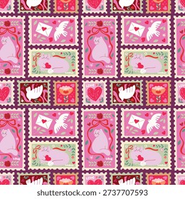 Valentines seamless pattern with pigeons and cats, sending love stamps,textile pattern,fabric, clothing, packaging, wrapping paper,wallpaper, background, naive,vector