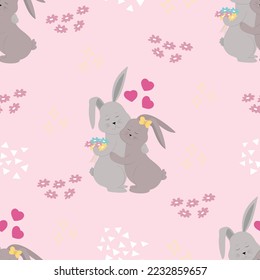 Patrón sin fisuras de San Valentín con conejos. Trato de San Valentín, fondo de pared, envoltura. Invitación del vector. 
