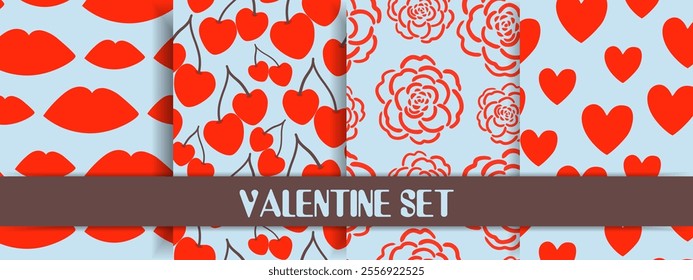 Valentine's seamless pattern set, cartoon style. Cute romantic objects like hearts, lips, gift box and flowers. Trendy modern vector illustration, hand drawn, flat design