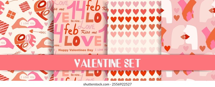 Valentine's seamless pattern set, cartoon style. Cute romantic objects like hearts, lips, gift box and flowers. Trendy modern vector illustration, hand drawn, flat design