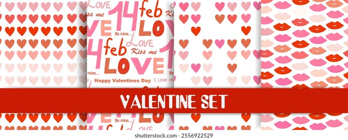 Valentine's seamless pattern set, cartoon style. Cute romantic objects like hearts, lips, gift box and flowers. Trendy modern vector illustration, hand drawn, flat design