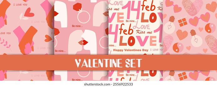 Valentine's seamless pattern set, cartoon style. Cute romantic objects like hearts, lips, gift box and flowers. Trendy modern vector illustration, hand drawn, flat design