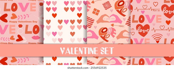 Valentine's seamless pattern set, cartoon style. Cute romantic objects like hearts, lips, gift box and flowers. Trendy modern vector illustration, hand drawn, flat design