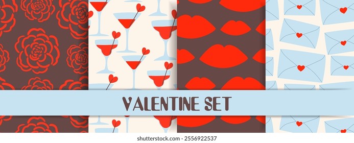 Valentine's seamless pattern set, cartoon style. Cute romantic objects like hearts, lips, gift box and flowers. Trendy modern vector illustration, hand drawn, flat design