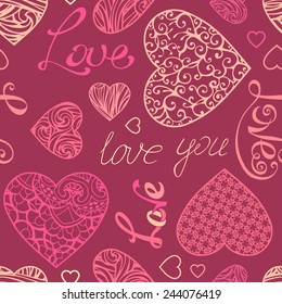 Valentine's seamless pattern. Vintage hearts and text on pink background. Vector element for your Valentine's design. 