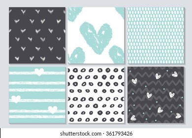 Valentines seamless patterns, Cute vector collection of 6 cards . Happy Valentine's Day
