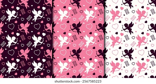 valentines seamless patterns in imperial purple, pink and white colors. cupid with bow. romantic and love background. valentine's day design