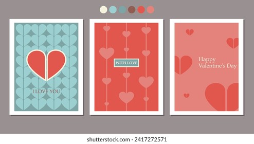 Valentines set cards in minimal cartoon style. Greeting card in flat retro style.
