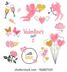 Valentines set. Collection of cupids and romantic elements for greeting card design in pink, black and golden colors. Vector illustration