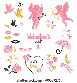Valentines set. Collection of cupids and romantic elements for greeting card design. Vector illustration
