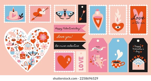 Valentines set with cute characters and romantic elements, cartoon style. Labels, postage stamps and stickers for decoration of the holiday. Trendy vector illustration, flat