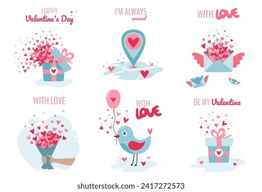 Valentines set illustration in minimal cartoon style. Greeting concept message in retro style.