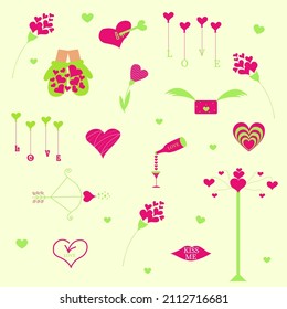 valentines set love messages heart lips balls arrows hands cupid shoots