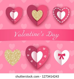 Valentine's set with realistic hearts. Collection with pink and gold glitter elements for greeting cards, posters, banners, wedding invitations. Vectors.