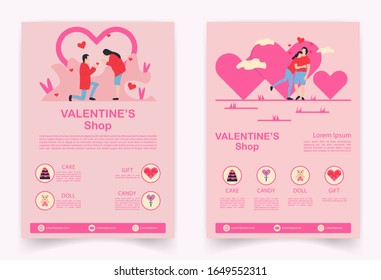Valentines shop flat illustration flyer design set.