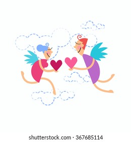 Valentine's Sketch Hand Draw Doodle Angels Couple Holding Heart Vector Illustration