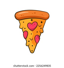 Valentine's slice of pizza with heart-shaped pepperoni. Cartoon. Vector illustration. Isolated on white background