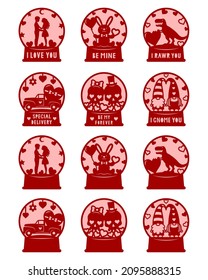 Valentines snow globe vector set. Love symbols. Paper cut template and phrases.Boy,girl,camping,skulls,dinosaur,truck, gnome.For card, window, gift,wall decorations. Illustrations isolated on white.