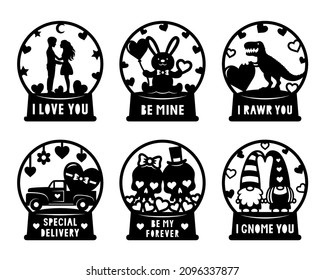 Juego de vectores de nieve de San Valentín. Símbolos de amor. Papel, plantilla de corte láser. Muchacho, chica, camping, calaveras, dinosaurio, camión, gnomo. Para tarjeta, ventana, regalo, decoraciones de pared. Ilustraciones aisladas en blanco.