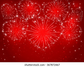 Valentines sparkling fireworks in the form of hearts on red shiny background, illustration.