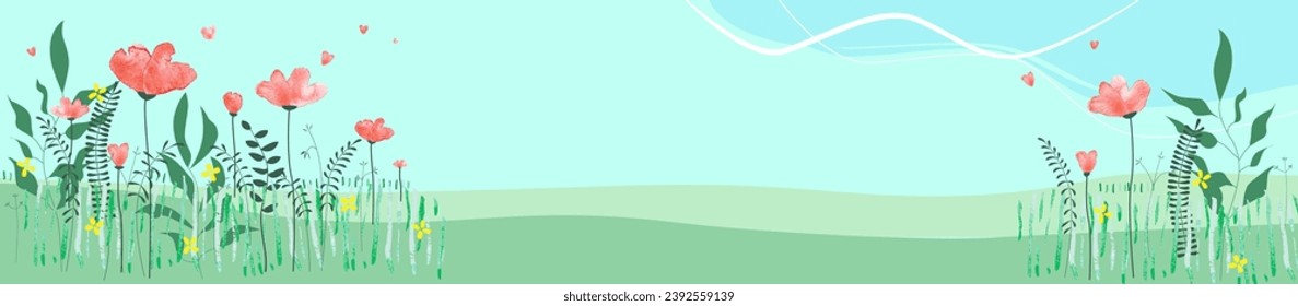Valentines or spring banner with copy space. Vector illustration of a field full of red flowers and heart shaped petals blowing in the air. Mixed technique