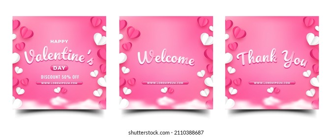 Valentine's square banner design template. Pink background with papercut love illustration. Usable for social media post, greeting card, banner, and web.