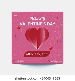 Valentine's square banner design template. Red background with love line frame. Usable for social media post, greeting card, banner, and web ad.
