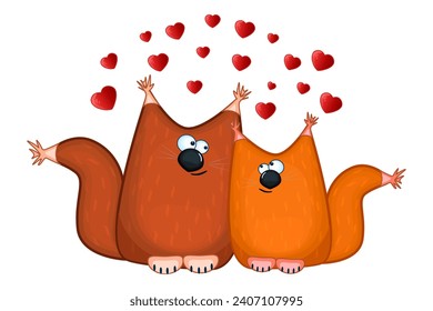 Valentines squirrels couple and many red hearts. Cartoon funny pair brown chanterelles. Pair of cute squirrels in love. Sweet chanterelle character.