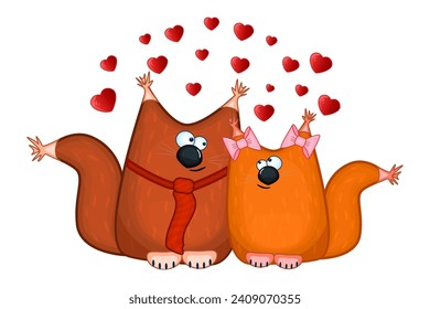 
Valentines squirrels couple and many red hearts. Funny pair brown chanterelles in cartoon style. Pair of cute squirrels in love. Cute chanterelle character. Stylized squirrels. Vector illustration