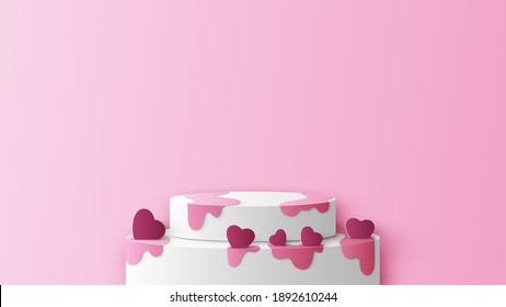 Valentine's stage podium scene decorated with Hearts and blank space. Valentine's cake topping with heart chocolate. paper cut and craft style. vector, illustration.