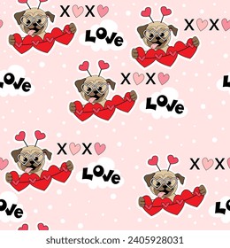 Valentines stickers with cute cartoon pug dogs, inscription love, xoxo and hearts on a pink isolated background seamless pattern. Vector illustration for Valentine's Day and birthday