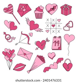 Valentines stickers for Valentine's Day. Hand drawn set of valentines. Vector illustration