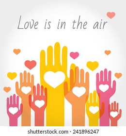 Valentine's or support background, greeting card with hands and hearts. Vector modern illustration and stylish design element