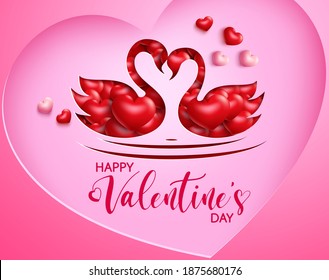 Diseño de fondo vectorial de San Valentín. Feliz texto del día de San Valentín con papel cisne cortado amantes de la forma y elemento de corazones 3d para el diseño dulce y romántico de pareja de San Valentín. Ilustración del vector
