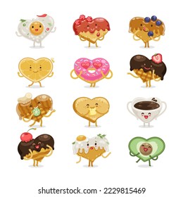 Valentines Sweet Hearts Cartoon Flat Style Characters Set. Collection of romantic food stickers.