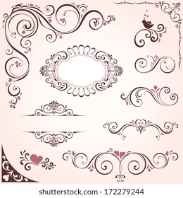 Valentines swirl ornate motifs and frames. Elements can be ungrouped for editing. 