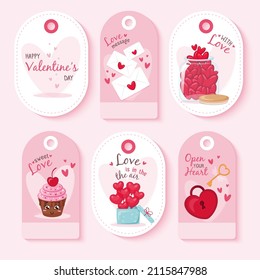 Valentine's tags labels set, jar with many red hearts, love message, heart lock and key with wings, berry cupcake, balloons. Happy Valentine's Day.