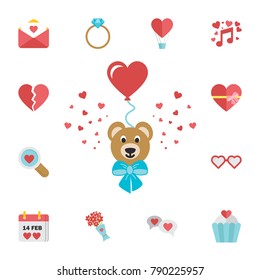 Valentines Teddy Bear holding love heart baloon. Digital vector february happy valentine's day and wedding celebration color simple flat icon set on white background