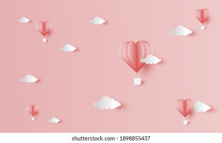 Antecedentes temáticos de San Valentín con estilo de corte de papel, con ornamentos de corazones, globos de aire caliente y nubes