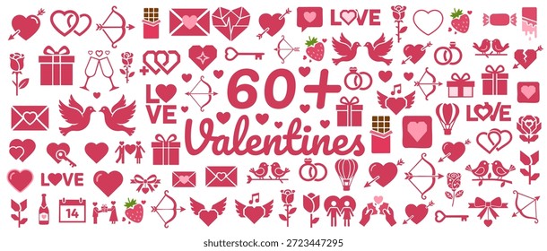 Valentines themed icon bundle showing hearts gifts romance symbols elements