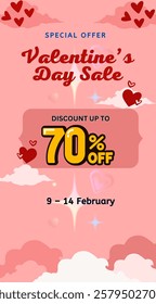 Valentine's themed sale promotion with red hearts and romantic background, highlighting discounts up to 70% off for a limited time lasting six days.