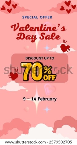 Valentine's themed sale promotion with red hearts and romantic background, highlighting discounts up to 70% off for a limited time lasting six days.