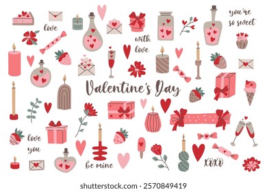 Valentine's themed sweets and drinks illustration with text elements. Various sweets, strawberries, and drinks in soft tones, arranged on a white background. Romantic design with text elements.