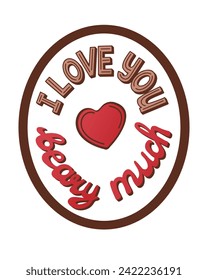 Valentines typographic composition in oval shape. Love or valentines day concept. Word play lettering. I love you very much. Isolated colored illustration on white background. Good for poster