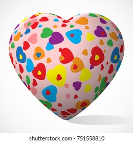 Valentines vector 3d heart with pop art pattern with hearts in colors of the rainbow isolated on white background.Greeting card for Valentines day party,wedding invitation,merry christmas,easter icon 