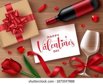 Valentine's vector background concept. Happy valentine's day text in greeting card with champagne, wine glass and gift element for romantic valentine celebration design. Vector illustration 